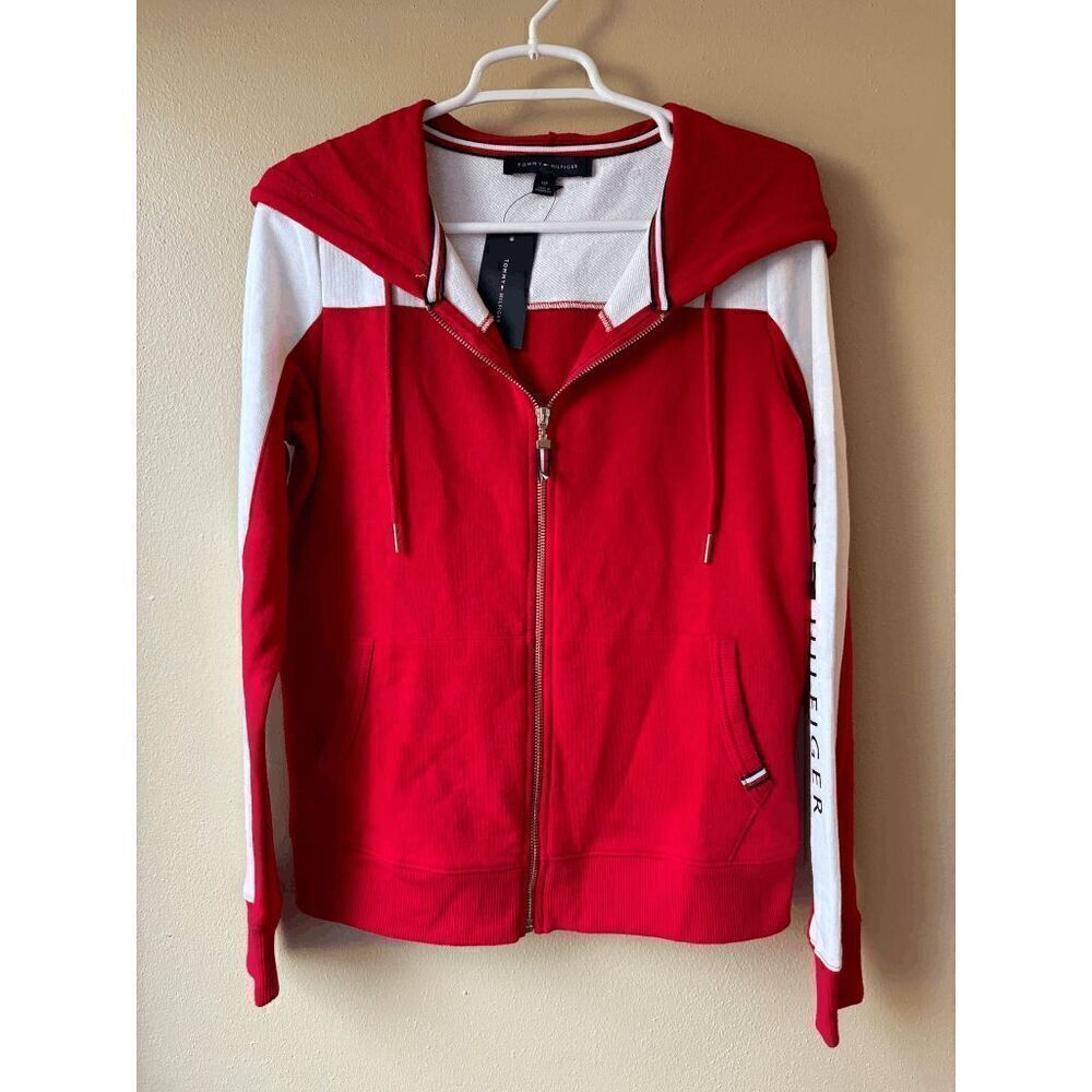 Tommy Hilfiger Red and White Full Zip Hooded Sweatshirt Women's Size Small